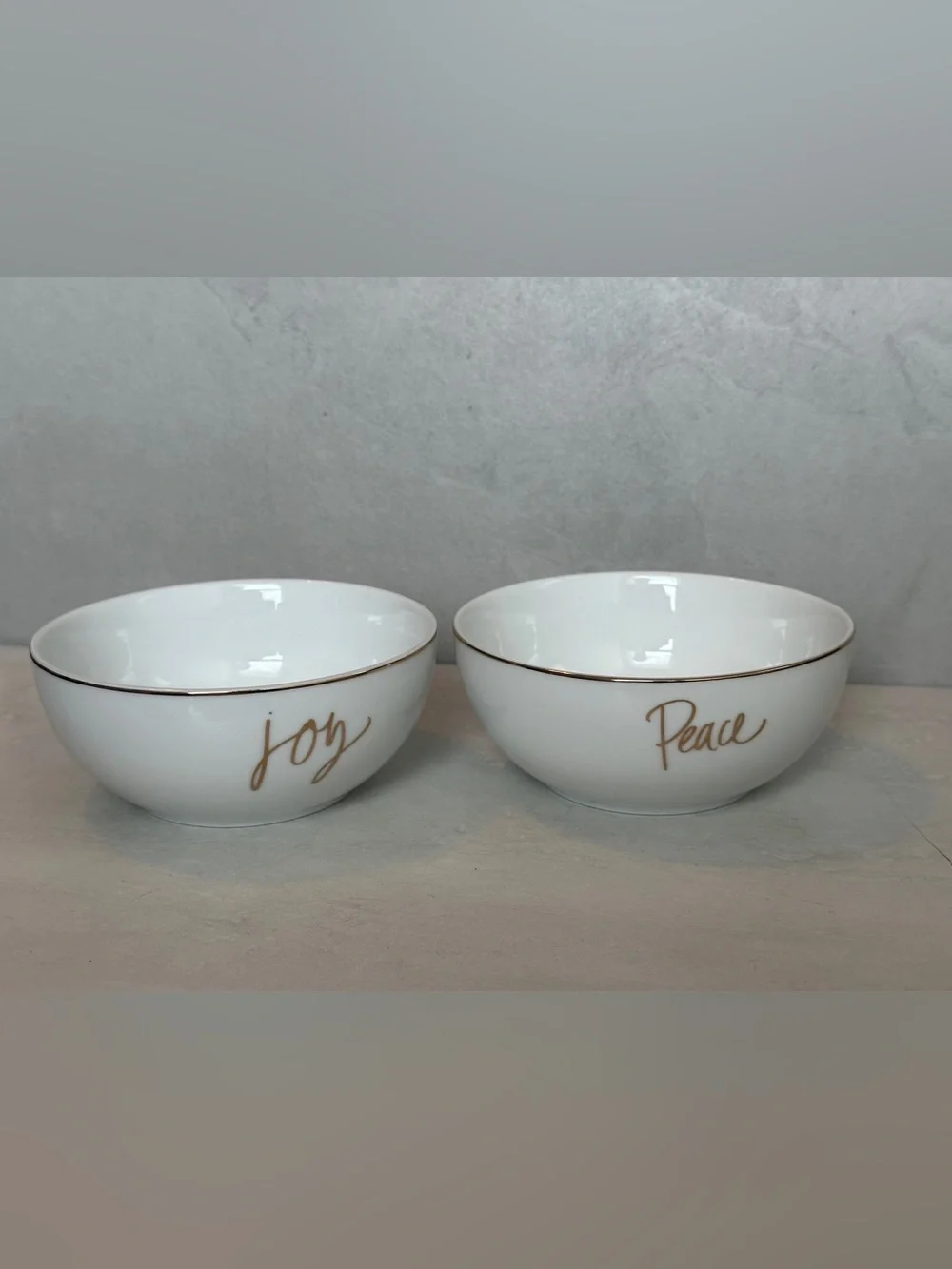 Prima Design Set 2 White Gold Peace & Joy Bowls EUC